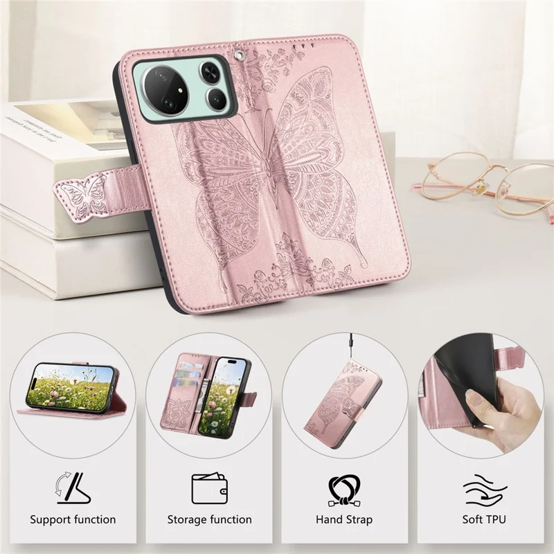 For Honor Magic9 Super Edition 5G Case with Strap Butterfly Pattern PU Leather Wallet Phone Cover - Rose Gold