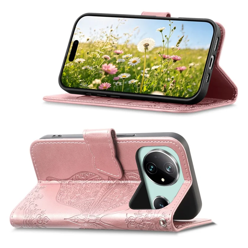 For Honor Magic9 Super Edition 5G Case with Strap Butterfly Pattern PU Leather Wallet Phone Cover - Rose Gold