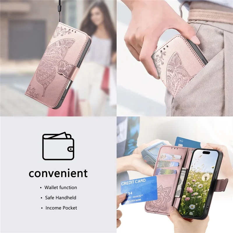 For Honor Magic9 Super Edition 5G Case with Strap Butterfly Pattern PU Leather Wallet Phone Cover - Rose Gold