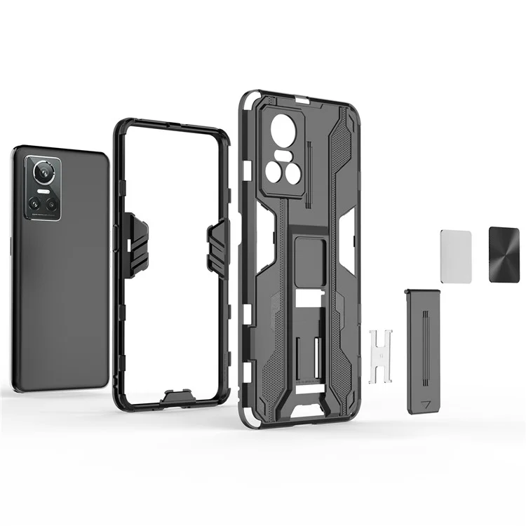 Für Realme GT Neo 3 5G Stoßfeste Ständer-Handyhülle Hartplastik-Weich-TPU-Doppelschicht-Schutzhülle - Schwarz
