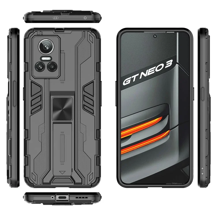 Für Realme GT Neo 3 5G Stoßfeste Ständer-Handyhülle Hartplastik-Weich-TPU-Doppelschicht-Schutzhülle - Schwarz