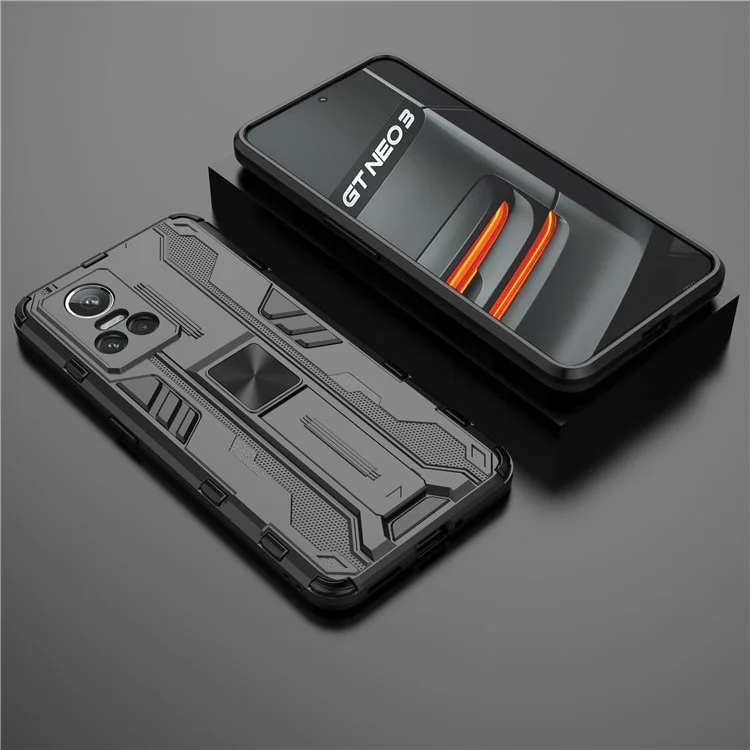 Für Realme GT Neo 3 5G Stoßfeste Ständer-Handyhülle Hartplastik-Weich-TPU-Doppelschicht-Schutzhülle - Schwarz