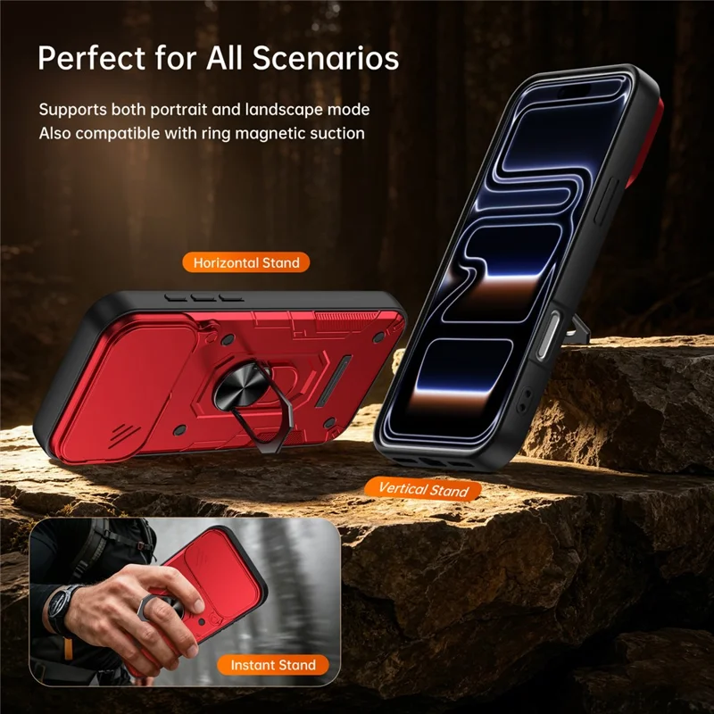 For iPhone 18 Pro Max / 17 Pro Max Case with Sliding Lens Cover Rotating Kicktand Phone Back Cover - Red