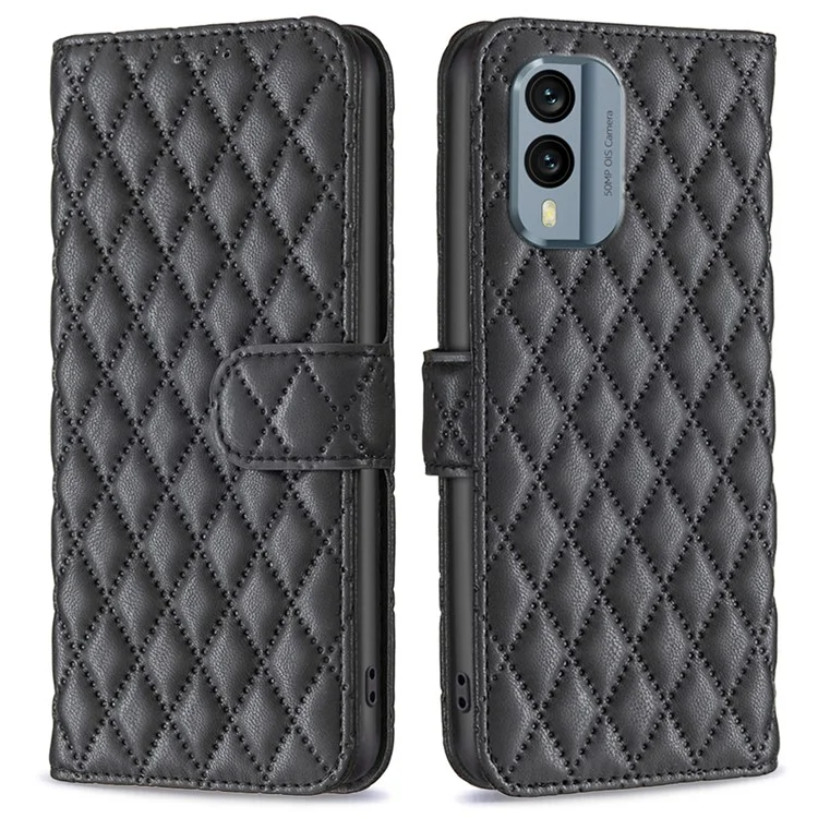 Binfen Color bf Style-14 Para Nokia X30 5g Patrón de Rombo Impreso Case de Teléfono PU Cuero de Cuero Full Willet Cover Cover - Negro