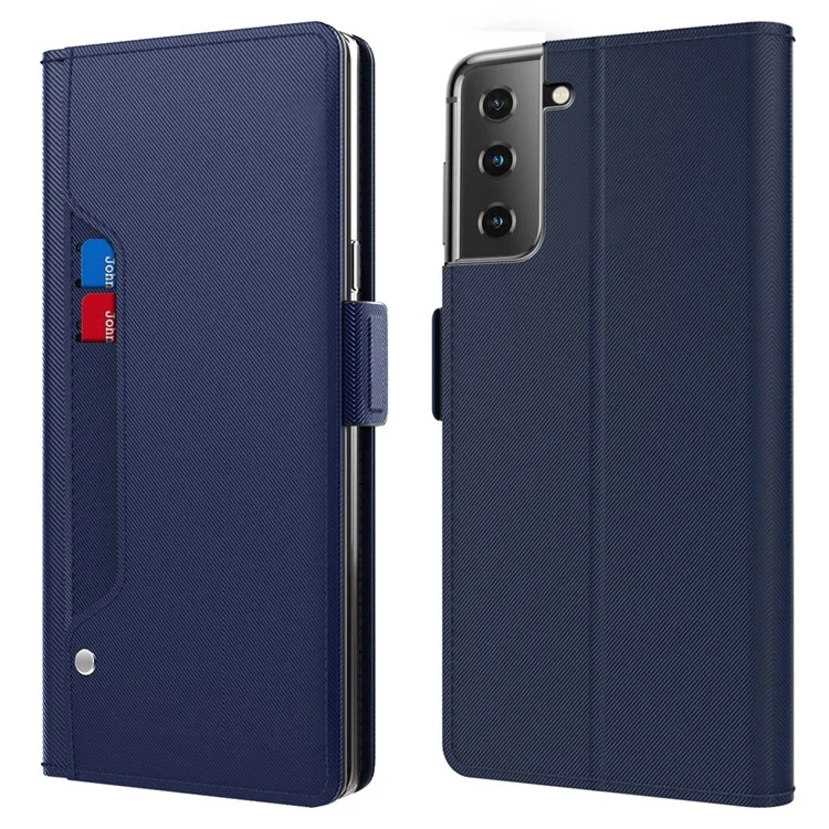 For Samsung Galaxy S23+ ShockProof PU Leather Phone Case Makeup Mirror Design Card Holder Stand Magnetic Closure Flip Phone Cover - Blue