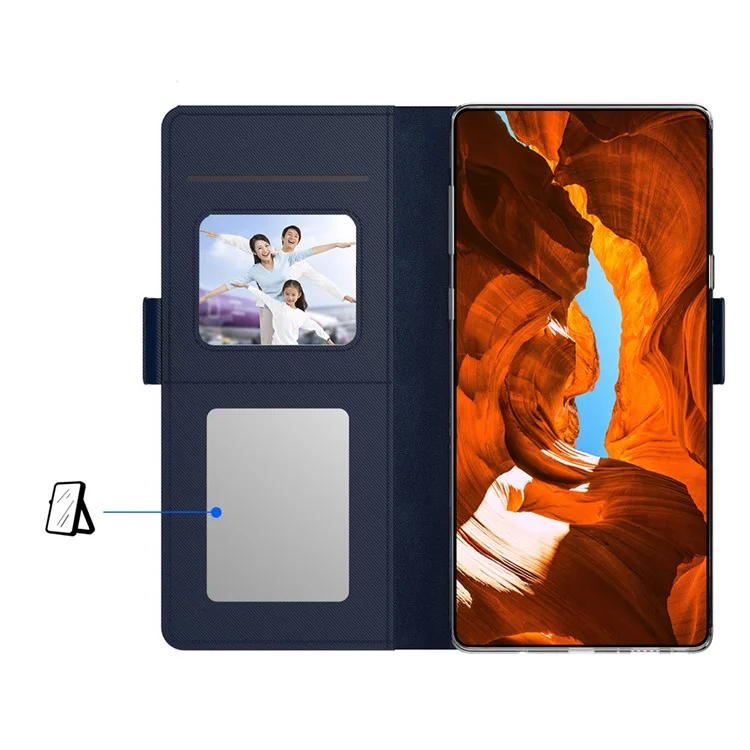 For Samsung Galaxy S23+ ShockProof PU Leather Phone Case Makeup Mirror Design Card Holder Stand Magnetic Closure Flip Phone Cover - Blue