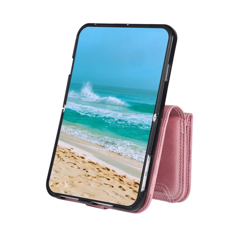 For iPhone Duo Case Split Leather Magnetic Wallet Phone Protector with Wrist Strap - Rose Gold