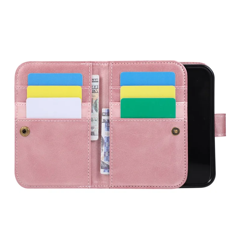 For iPhone Duo Case Split Leather Magnetic Wallet Phone Protector with Wrist Strap - Rose Gold