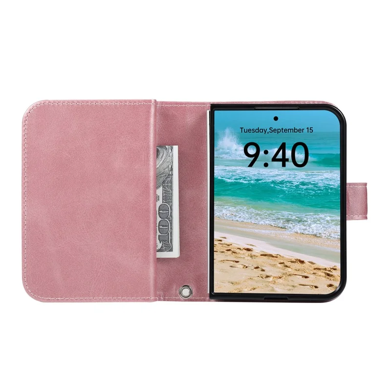 For iPhone Duo Case Split Leather Magnetic Wallet Phone Protector with Wrist Strap - Rose Gold