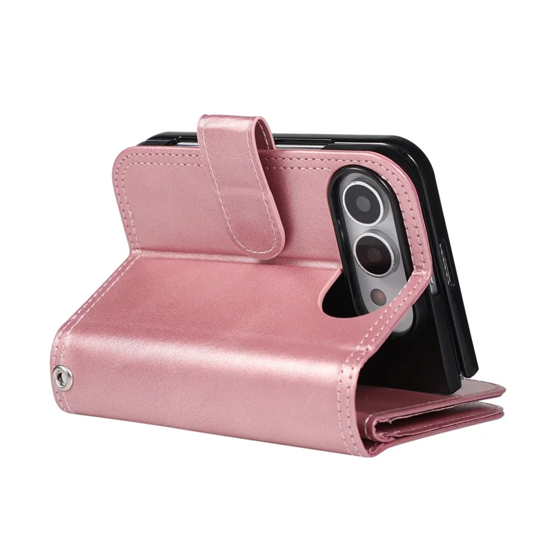 For iPhone Duo Case Split Leather Magnetic Wallet Phone Protector with Wrist Strap - Rose Gold