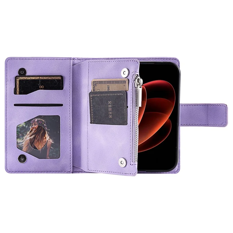 For iPhone Duo Wallet Case Mandala Flower Pattern PU Leather Phone Cover with Wrist Strap - Purple