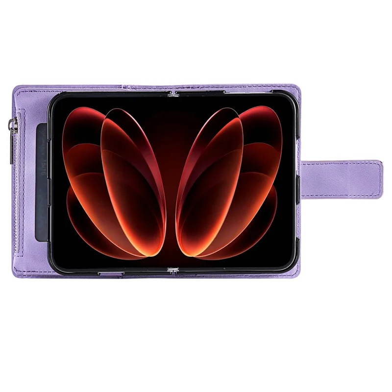 For iPhone Duo Wallet Case Mandala Flower Pattern PU Leather Phone Cover with Wrist Strap - Purple