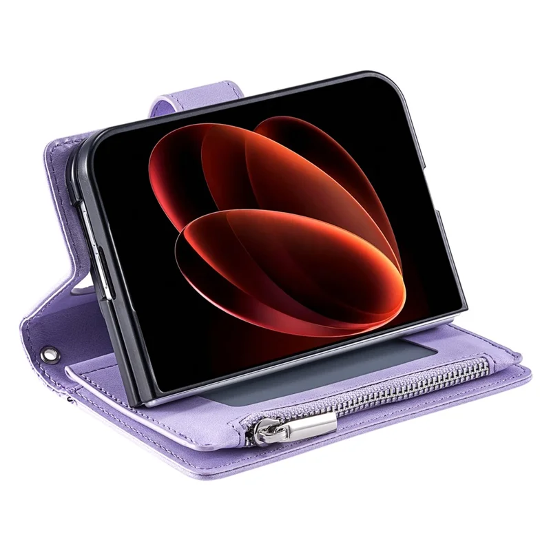 For iPhone Duo Wallet Case Mandala Flower Pattern PU Leather Phone Cover with Wrist Strap - Purple