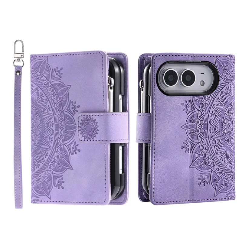 For iPhone Duo Wallet Case Mandala Flower Pattern PU Leather Phone Cover with Wrist Strap - Purple