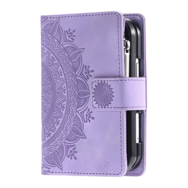 For iPhone Duo Wallet Case Mandala Flower Pattern PU Leather Phone Cover with Wrist Strap - Purple