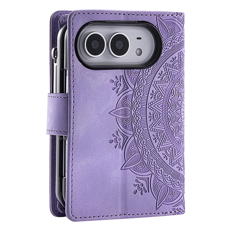 For iPhone Duo Wallet Case Mandala Flower Pattern PU Leather Phone Cover with Wrist Strap - Purple