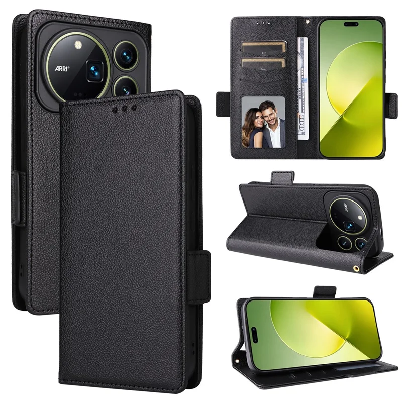 For Honor Magic9 Pro Max 5G Case Litchi Texture Wallet Leather Phone Cover with Wrist Strap - Black