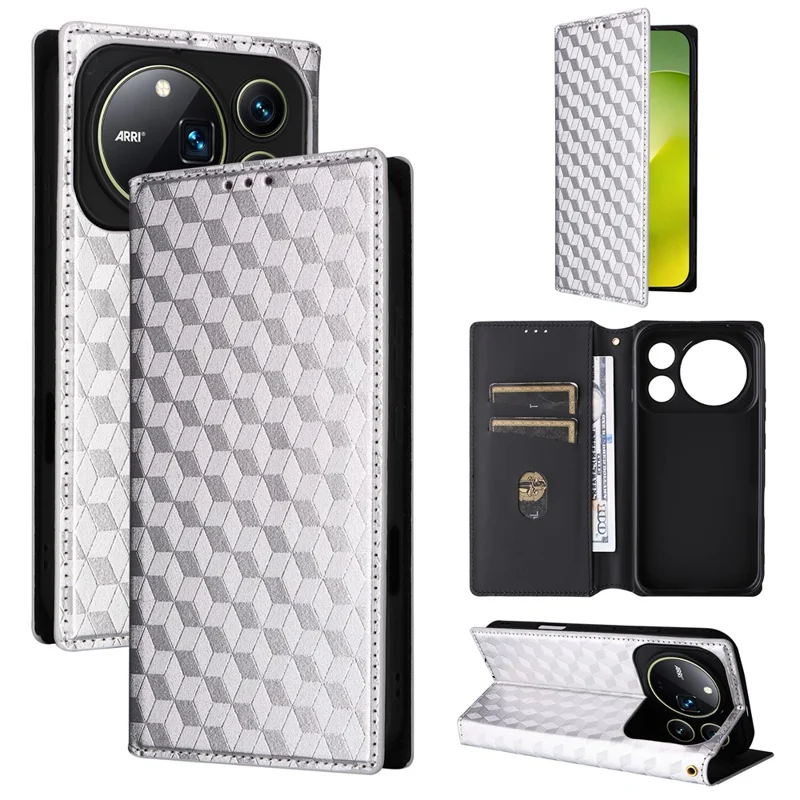 For Honor Magic9 Pro Max 5G Case Wallet Rhombus Imprinted PU Leather Phone Cover - Silver
