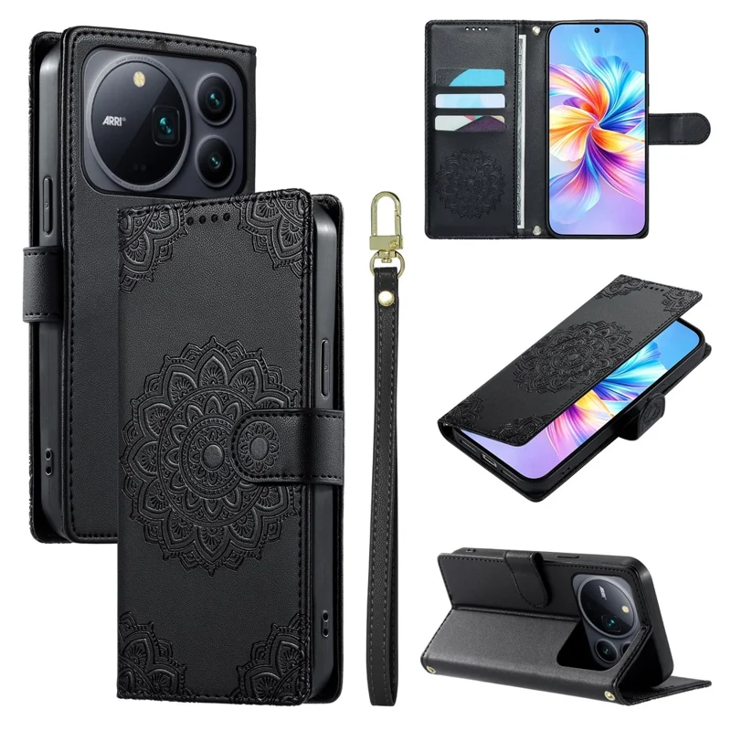 For Honor Magic9 Pro Max 5G Case Embossed Totem Leather Flip Wallet Phone Cover with Wrist Strap - Black
