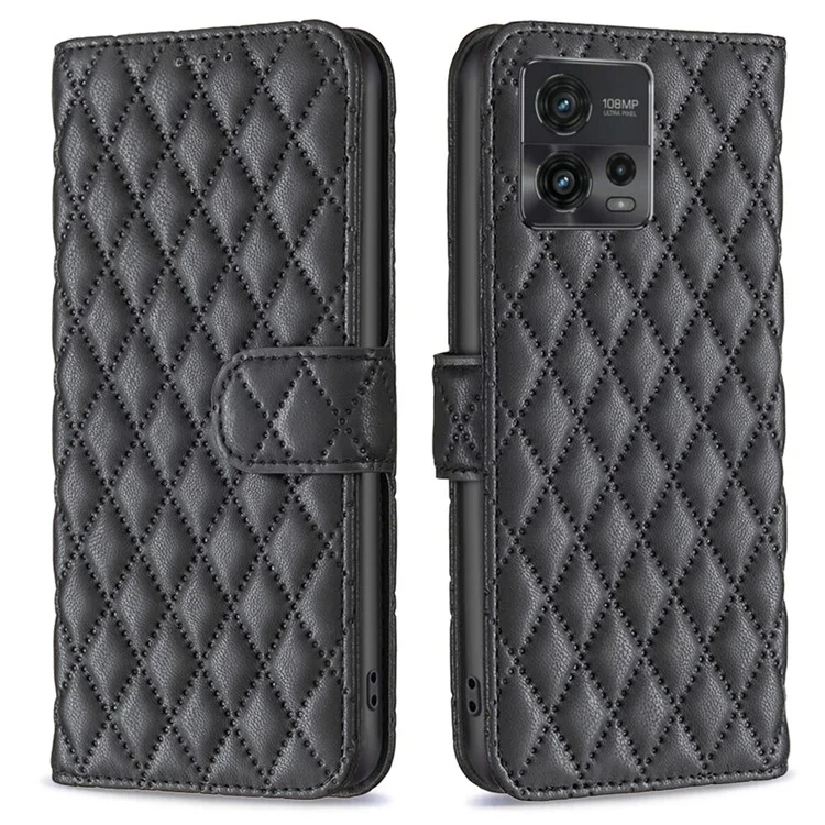 Binfen Color BF Style-14 Para Motorola Moto G72 4G Impresso Rhombus Padrão Caixa de Telefone PU Pullet Stand Stank Choque Celo - Preto