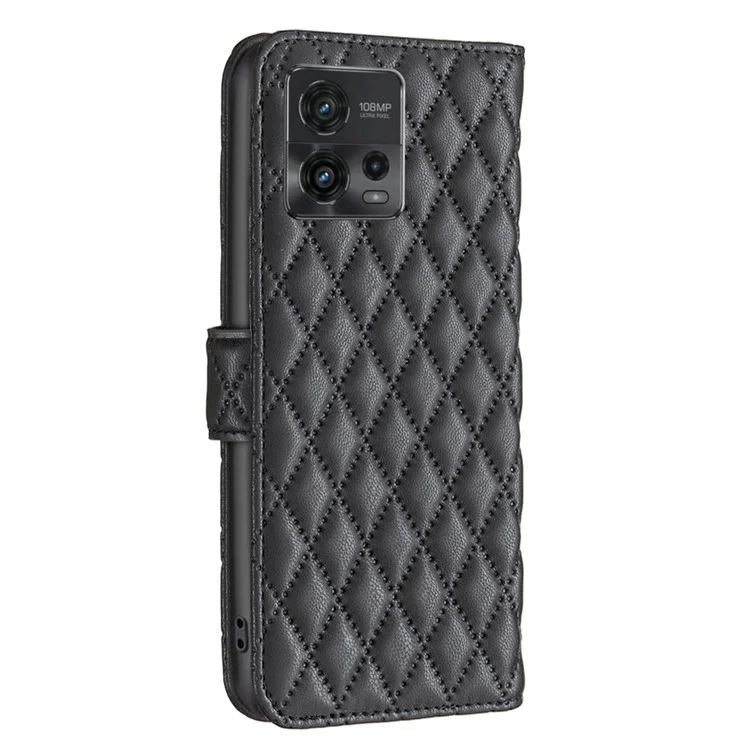 Binfen Color BF Style-14 Para Motorola Moto G72 4G Impresso Rhombus Padrão Caixa de Telefone PU Pullet Stand Stank Choque Celo - Preto