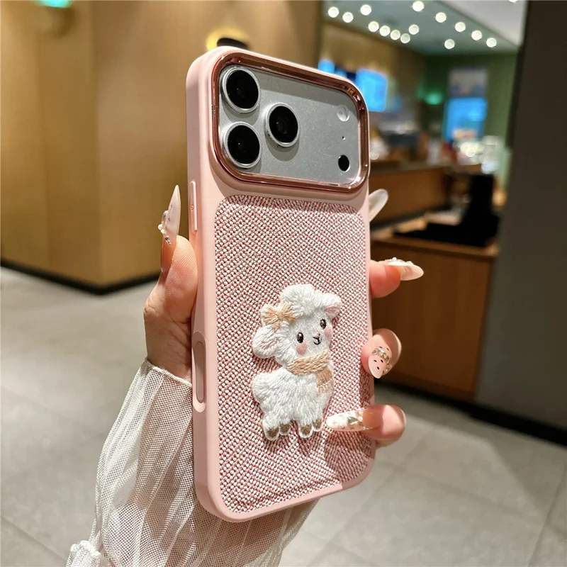 For iPhone 18 Pro Max  /  17 Pro Max Case Herringbone Woven Texture Lamb Embroidery Metal Camera Frame TPU + PC Phone Cover - Pink
