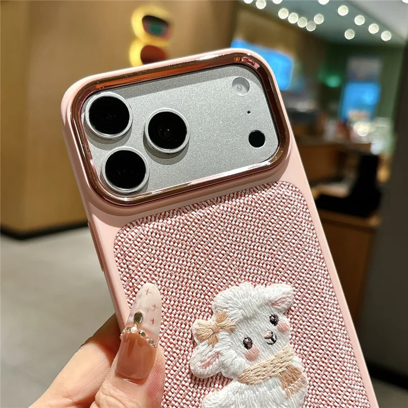 For iPhone 18 Pro Max  /  17 Pro Max Case Herringbone Woven Texture Lamb Embroidery Metal Camera Frame TPU + PC Phone Cover - Pink