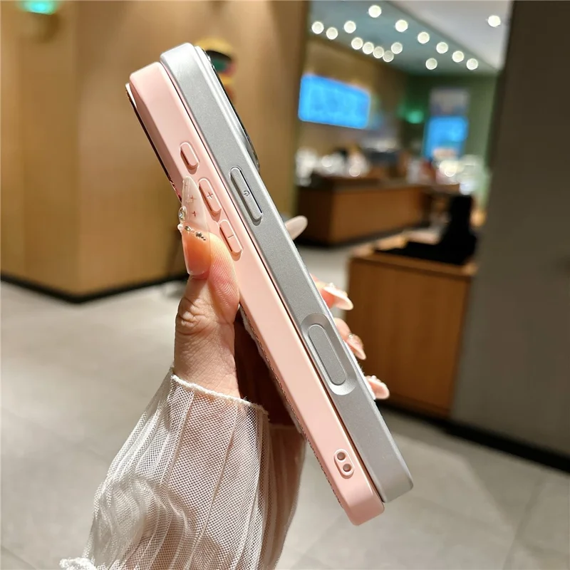 For iPhone 18 Pro Max  /  17 Pro Max Case Herringbone Woven Texture Lamb Embroidery Metal Camera Frame TPU + PC Phone Cover - Pink