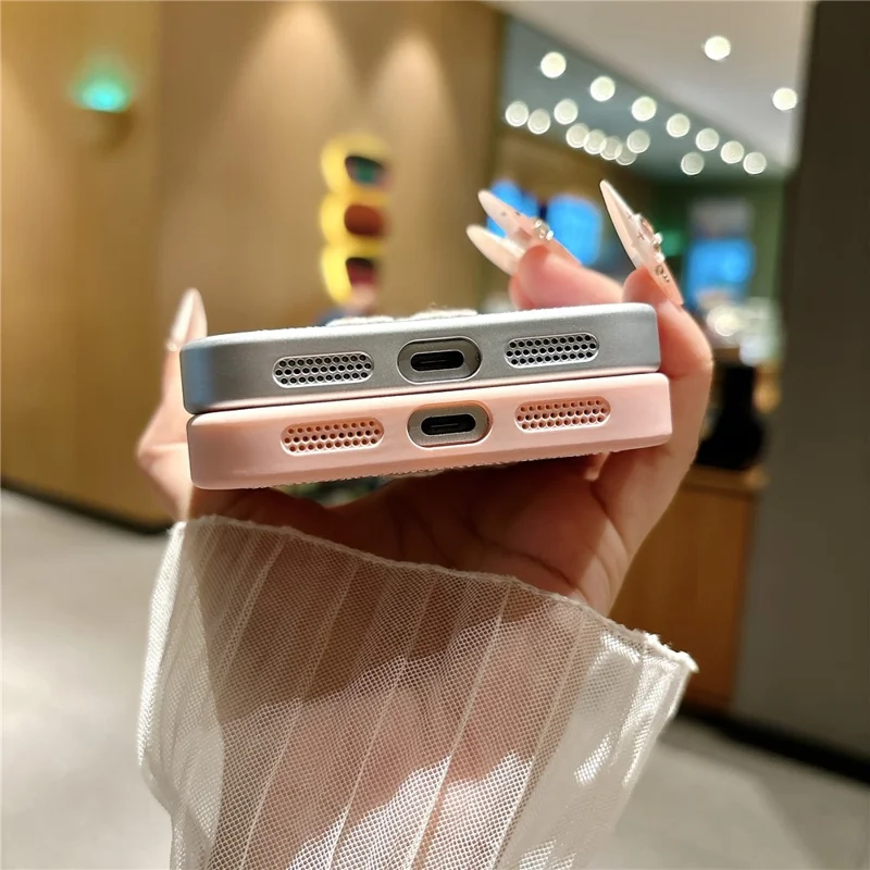 For iPhone 18 Pro Max  /  17 Pro Max Case Herringbone Woven Texture Lamb Embroidery Metal Camera Frame TPU + PC Phone Cover - Pink