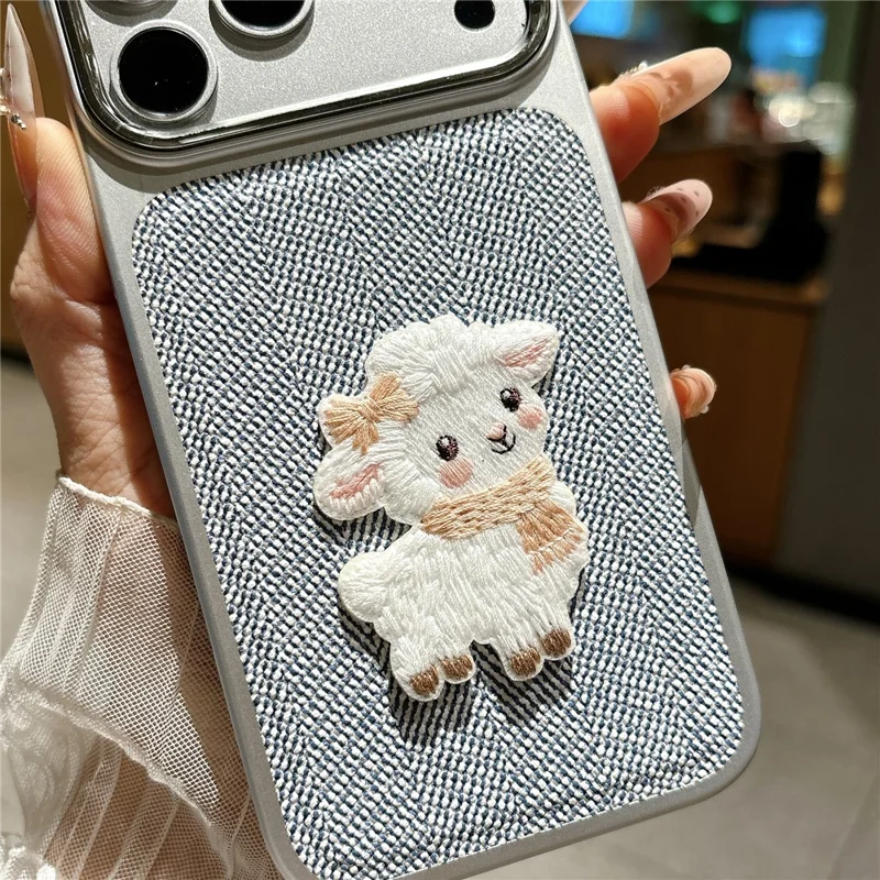 For iPhone 18 Pro Max  /  17 Pro Max Case Herringbone Woven Texture Lamb Embroidery Metal Camera Frame TPU + PC Phone Cover - Pink