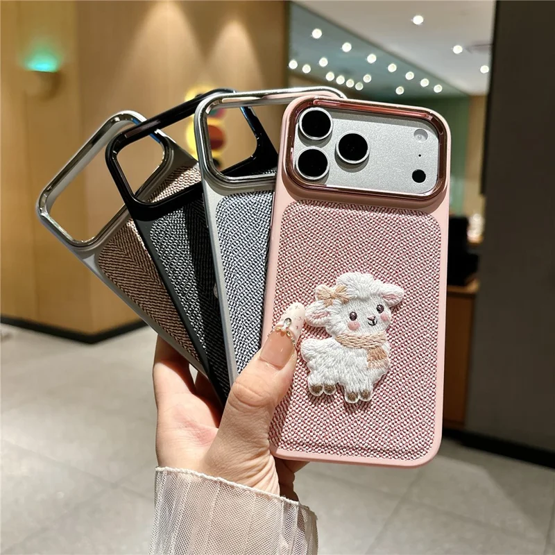 For iPhone 18 Pro Max  /  17 Pro Max Case Herringbone Woven Texture Lamb Embroidery Metal Camera Frame TPU + PC Phone Cover - Pink