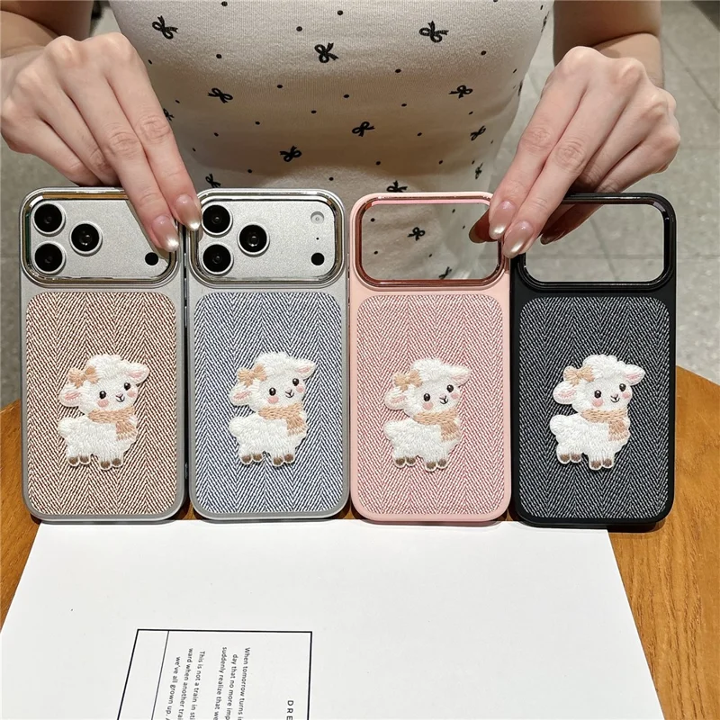 For iPhone 18 Pro Max  /  17 Pro Max Case Herringbone Woven Texture Lamb Embroidery Metal Camera Frame TPU + PC Phone Cover - Pink