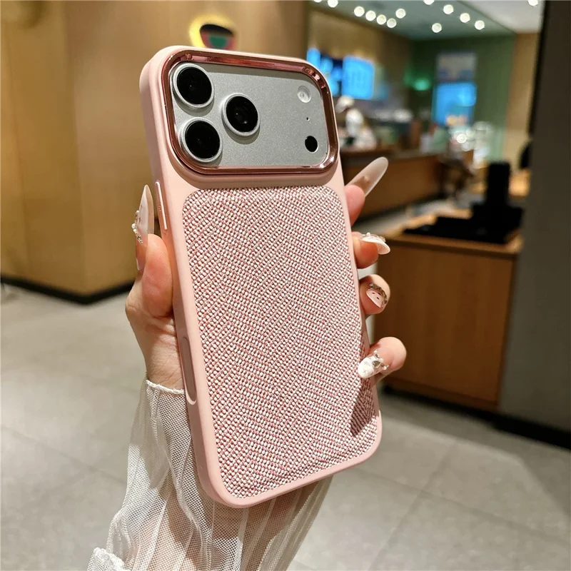 For iPhone 18 Pro Max  /  17 Pro Max Case Herringbone Woven Texture Electroplated Metal Camera Frame TPU + PC Shockproof Phone Cover - Pink