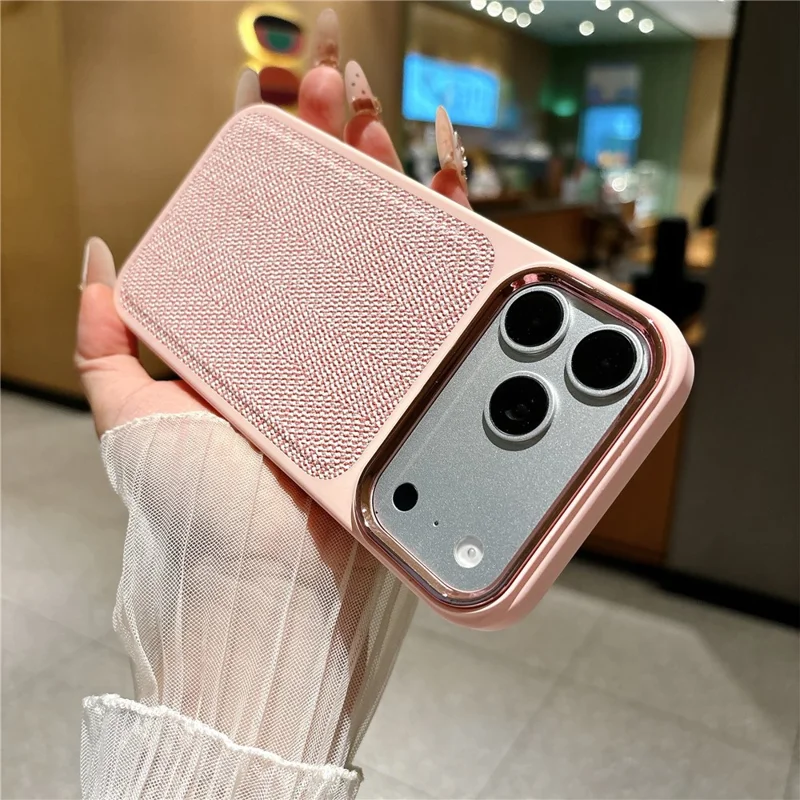 For iPhone 18 Pro Max  /  17 Pro Max Case Herringbone Woven Texture Electroplated Metal Camera Frame TPU + PC Shockproof Phone Cover - Pink