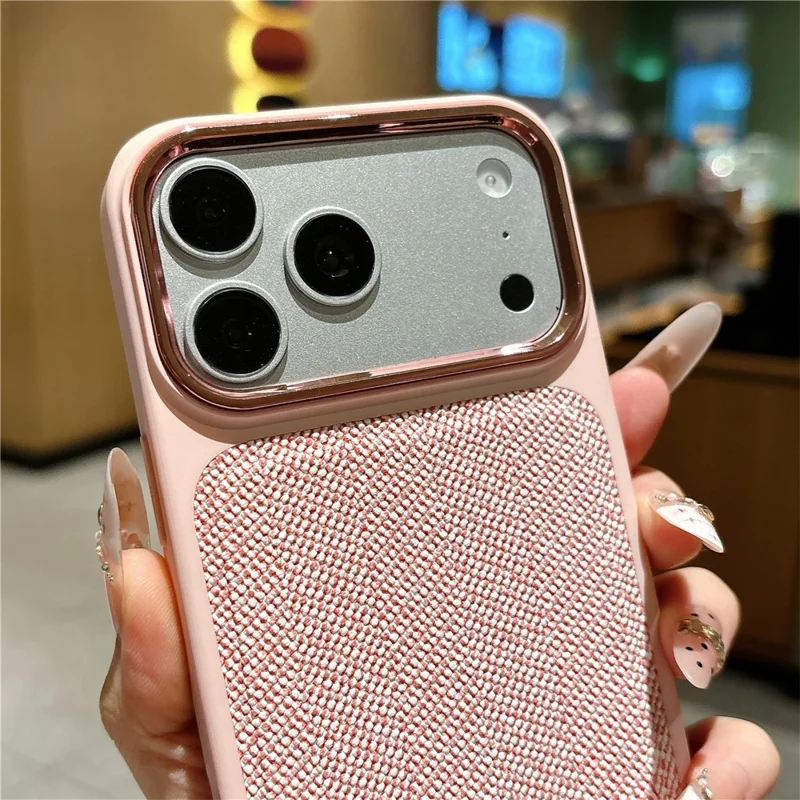 For iPhone 18 Pro Max  /  17 Pro Max Case Herringbone Woven Texture Electroplated Metal Camera Frame TPU + PC Shockproof Phone Cover - Pink