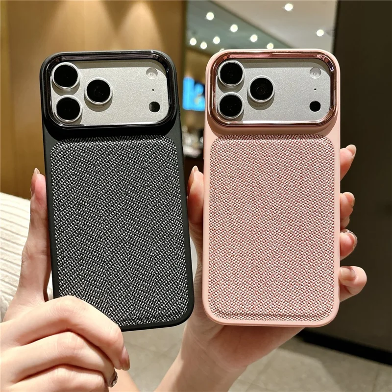 For iPhone 18 Pro Max  /  17 Pro Max Case Herringbone Woven Texture Electroplated Metal Camera Frame TPU + PC Shockproof Phone Cover - Pink