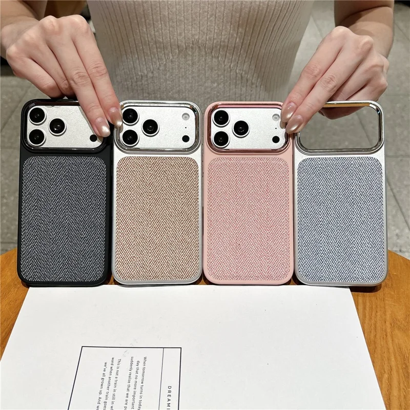 For iPhone 18 Pro Max  /  17 Pro Max Case Herringbone Woven Texture Electroplated Metal Camera Frame TPU + PC Shockproof Phone Cover - Pink