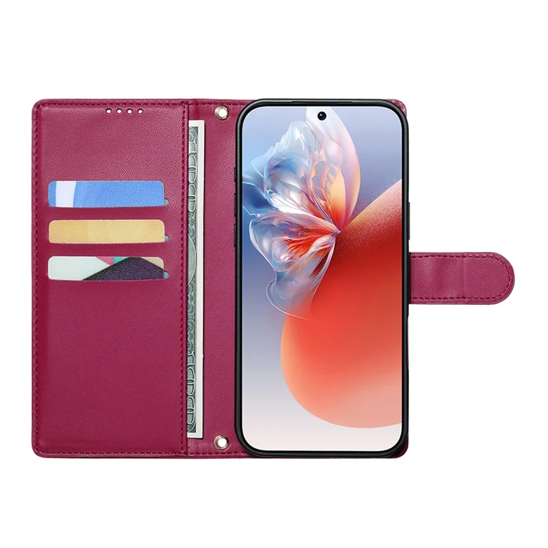 For Honor Magic9 Pro Max 5G Case Adorable Cat Pattern PU Leather Wallet Phone Cover with Wrist Strap - Rose