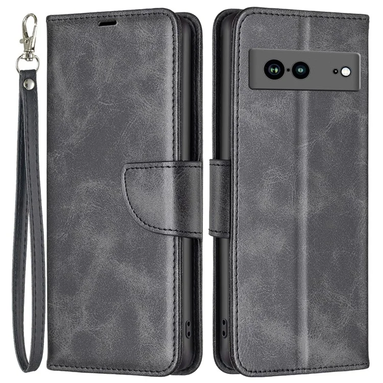 For Google Pixel 7a Case Smooth Leather Wallet Stand Mobile Phone Cover with Strap - Black