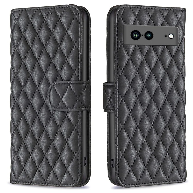 BINFEN COLOR BF Style-14 Capa anti-queda para Google Pixel 7a, com padrão de losango impresso, em couro PU, com suporte para carteira, fechamento magnético e capa flip dobrável - Preto