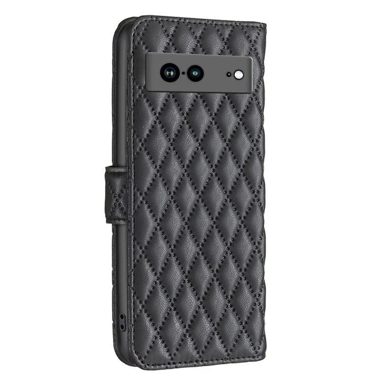 BINFEN COLOR BF Style-14 Capa anti-queda para Google Pixel 7a, com padrão de losango impresso, em couro PU, com suporte para carteira, fechamento magnético e capa flip dobrável - Preto