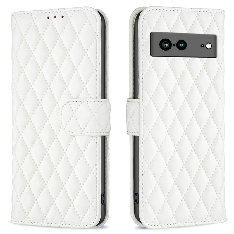 BINFEN COLOR BF Style-14 Anti-fall Phone Case For Google Pixel 7a Imprinted Rhombus Pattern PU Leather Wallet Stand Magnetic Closure Flip Folio Phone Cover - White