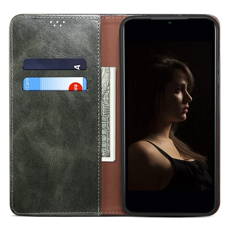 For Samsung Galaxy A14 5G / 4G Waxy Crazy Horse Texture Phone Case Magnetic Auto-absorbed PU Leather Stand Wallet Cover - Green