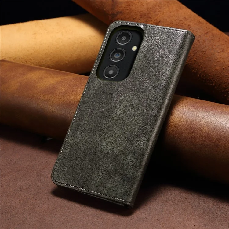 For Samsung Galaxy A14 5G / 4G Waxy Crazy Horse Texture Phone Case Magnetic Auto-absorbed PU Leather Stand Wallet Cover - Green