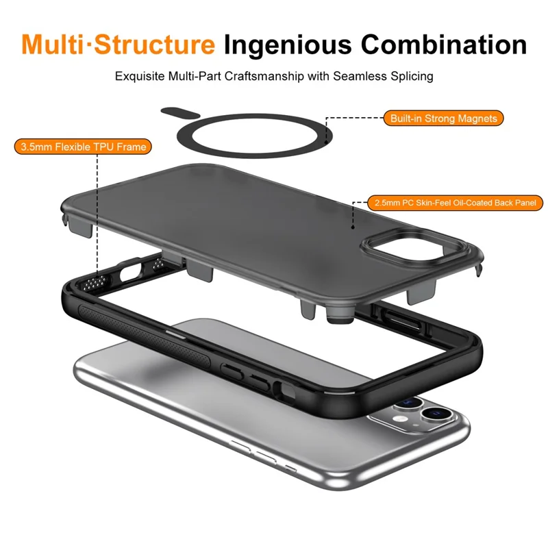 For iPhone 11 Magnetic Case Translucent Matte Skin Touch PC + TPU Phone Back Cover - Black