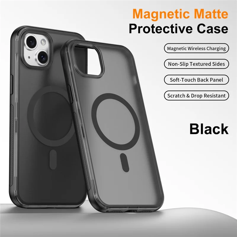 For iPhone 15 Magnetic Case Translucent Matte Skin Touch PC + TPU Phone Back Cover - Black