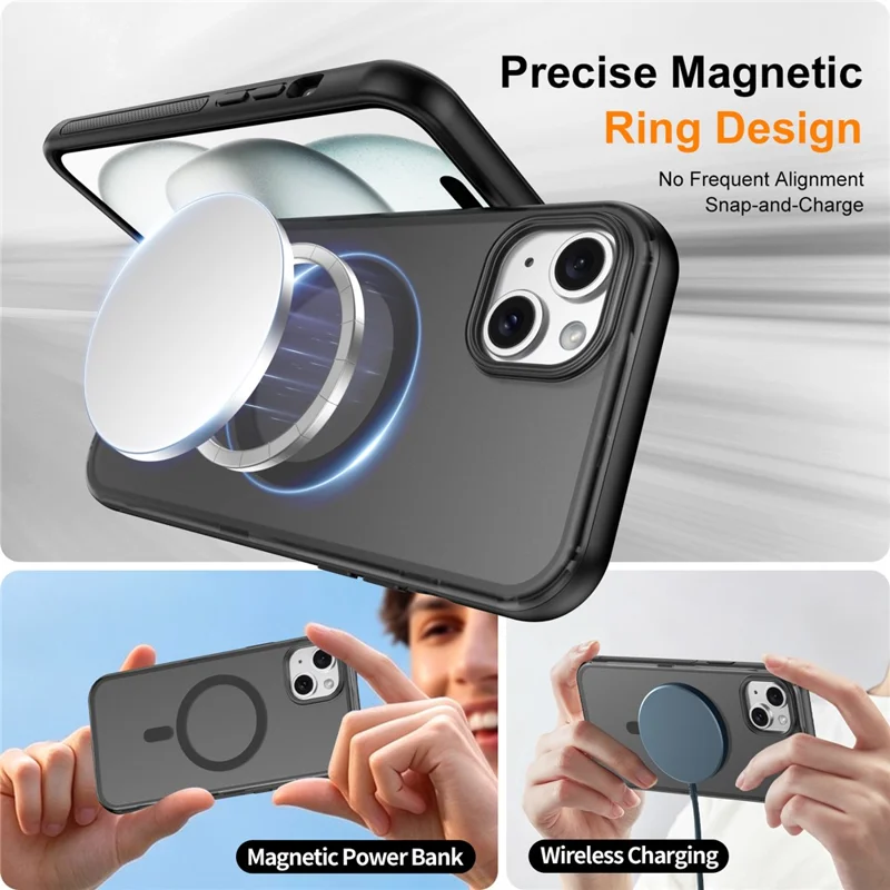 For iPhone 15 Magnetic Case Translucent Matte Skin Touch PC + TPU Phone Back Cover - Black