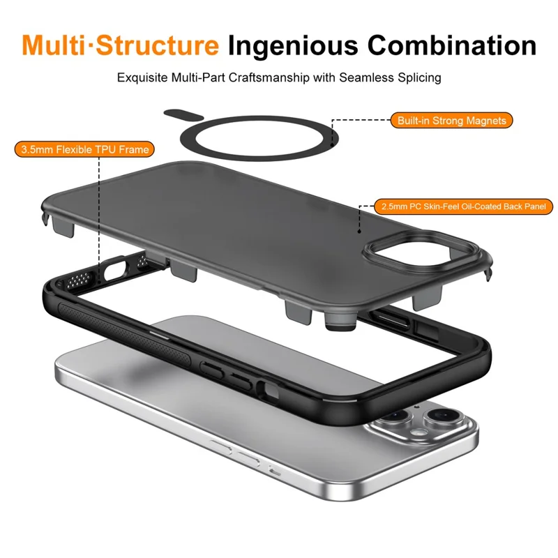 For iPhone 15 Magnetic Case Translucent Matte Skin Touch PC + TPU Phone Back Cover - Black