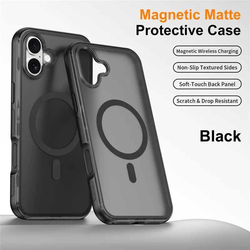 For iPhone 16 Magnetic Case Translucent Matte Skin Touch PC + TPU Phone Back Cover - Black