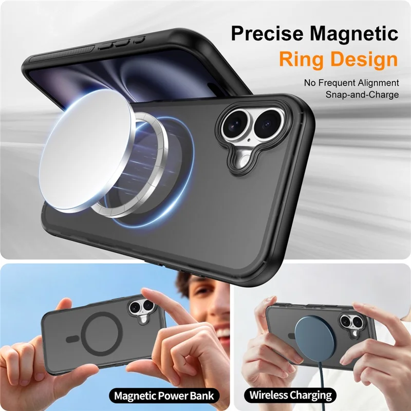 For iPhone 16 Magnetic Case Translucent Matte Skin Touch PC + TPU Phone Back Cover - Black